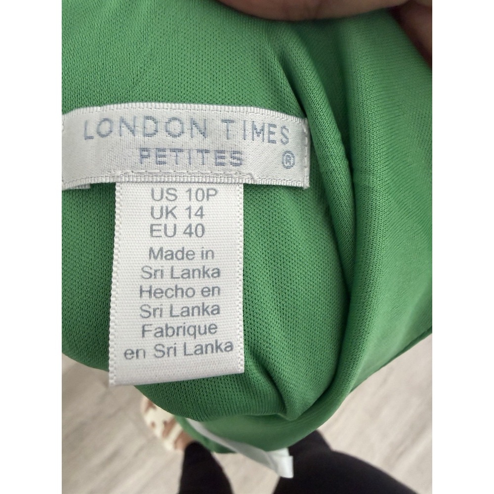 London Times Green White Abstract V-Neck Chiffon Ruffle Midi Slip Dress Size 10P - Picture 7 of 8